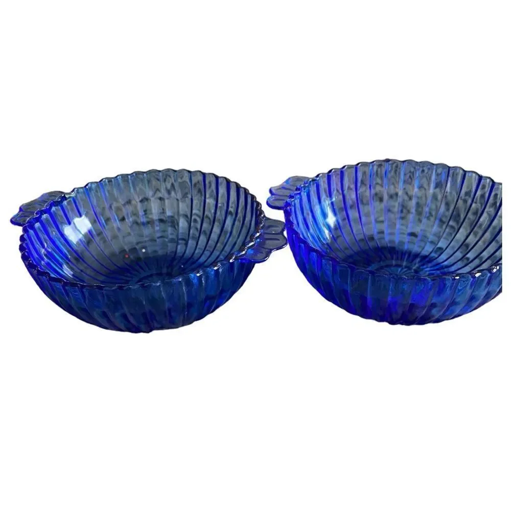 Vintage - Set of 2 Small Blue Glass Modern Design Bowls with Ridge Design